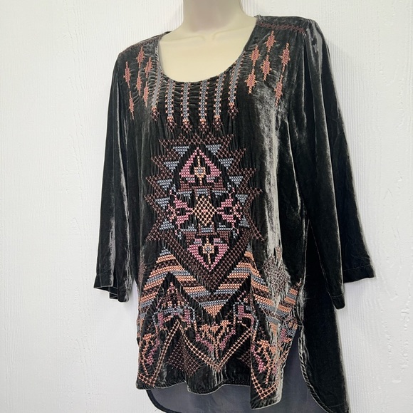 Johnny Was - Colorful Grey Crushed Velvet Scoop Long Sleeve Blouse Small - Picture 6 of 11